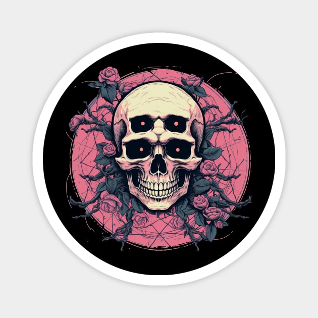 Psychedelic Skull With Roses and Pink Flowers Magnet by TOKEBI